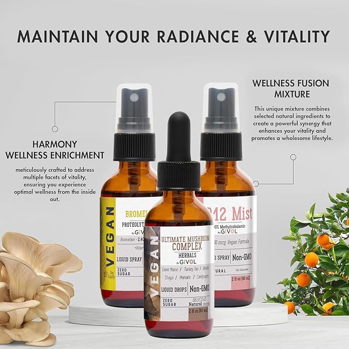 Trio Bundle - Mushroom Complex Drops B12 Mist &amp Bromelain Spray - Non-GMO Gluten-Free Sugar-Free Easy Absorption Multivitamins for Kids &amp Adults - 2 Fl Oz 420 Day Supply