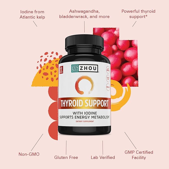 ZHOU Thyroid Support - Thyroid Supplement for Women &amp Men with Zinc Iodine &amp Selenium Cellular Energy Thyroid Complex with Ashwagandha Kelp - 60 Veggie Capsules (Pack of 1)