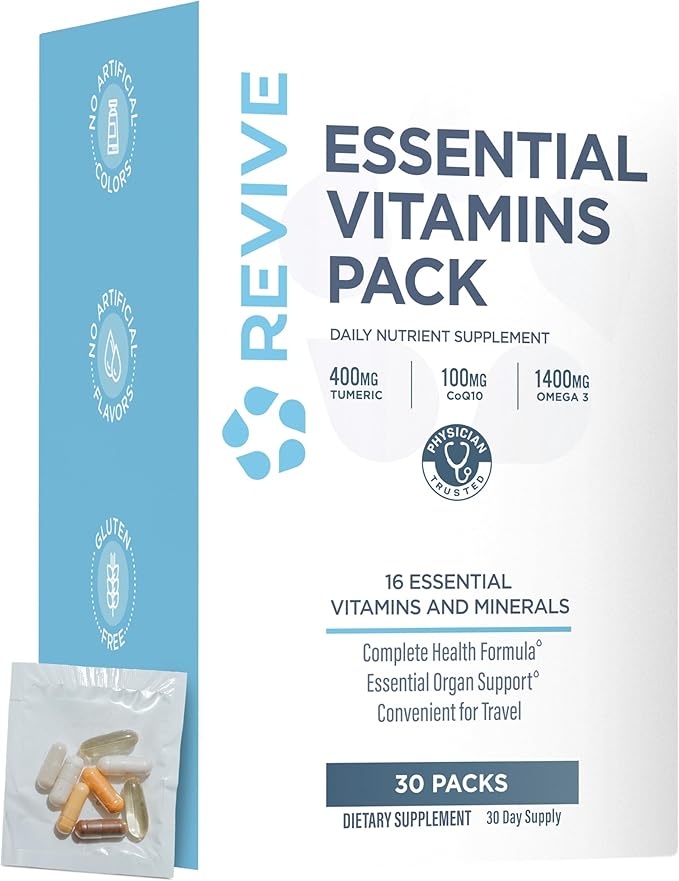 Revive MD Essential Vitamin Packs for Men &amp Women – Daily Multivitamin Packets with Arjuna &amp Turmeric Extract – Supports Heart Joint &amp Organ Health – Travel-Friendly Vitamin Supplement (3