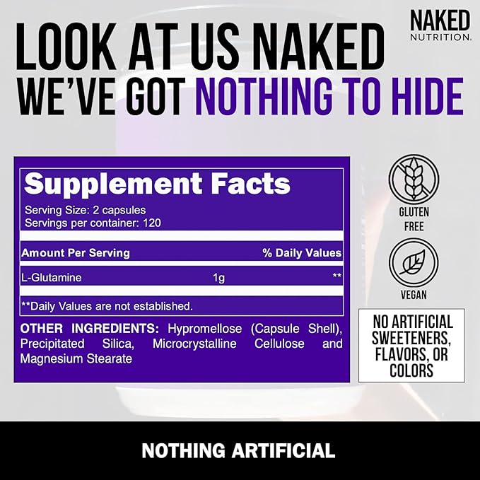 NAKED Pure Micronized Creatine Monohydrate 200 Servings + Pure L-Glutamine 240 Capsules Bundle: Vegan Non-GMO Gluten Free. Minimize Muscle Breakdown &amp Improve Protein Synthesis. Nothing Artifici