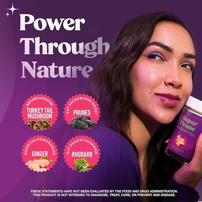 Fungiments Super Prune – Constipation Relief &amp Digestive Support Turkey Tail Mushrooms Prebiotic Fiber Rhubarb Ginger &amp Chamomile – Gut Health Debloating &amp Regularity (30 Gummies)
