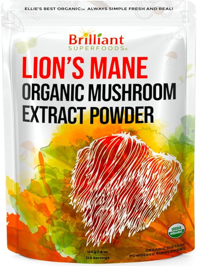 Ellie's Best Lions Mane Mushroom Extract Powder Supplement Organic 114 Servings - Double Extracted for Highest Potency - Dissolves in Coffee Tea Juice etc.4oz