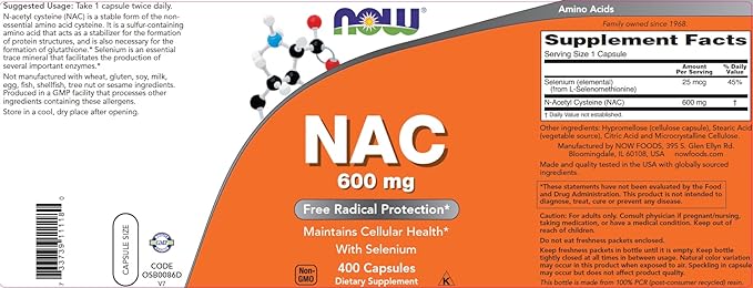 Now NAC 600 mg 400 Capsules N-Acetyl Cysteine with Selenium