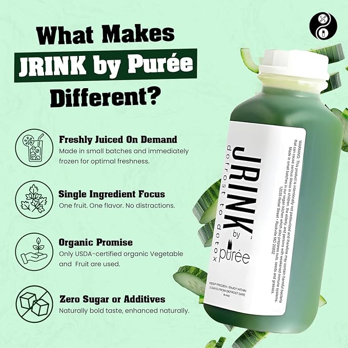 JRINK by Purée Organic Cucumber Juice Cold Pressed Detox Drink Healthy Cleanse with No Preservatives Fresh Raw Juice in HDPE Bottles Organic Fruit and Vegetable Cleanse Beverage 16oz Pack of 18