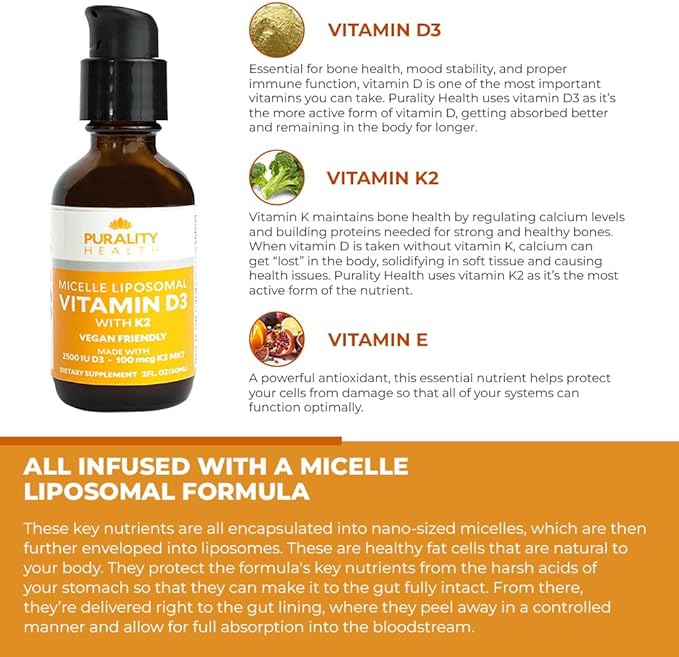 PURALITY HEALTH Vitamin D3 with K2 Liquid Supplement Vegan Micelle Liposomal Enhanced Absorption Non-GMO 30 Day Supply