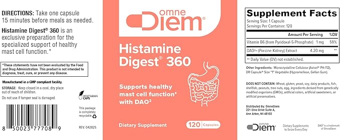 Omne Diem Histamine Digest 360 - DAO Enzyme - Diamine Oxidase &amp Vitamin B6 for P5P - 120 DR Capsules