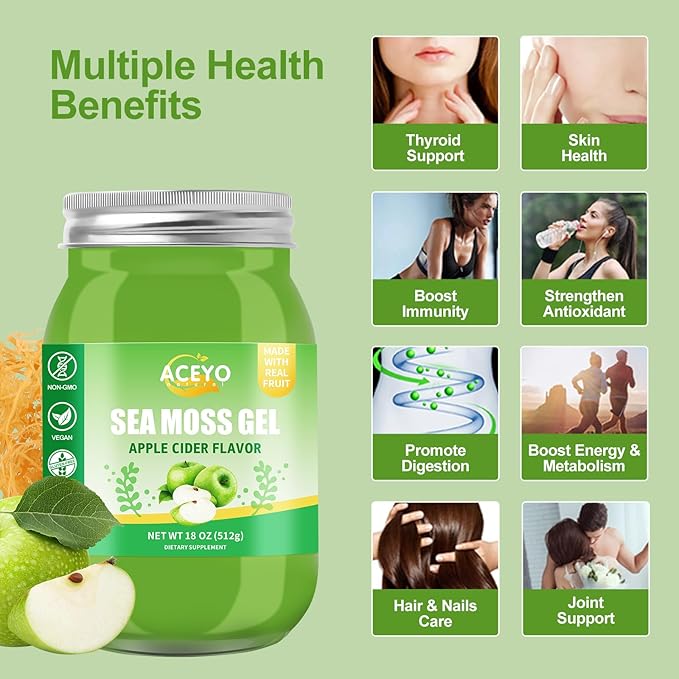 (18 OZ) Irish Sea Moss Gel Organic Raw Vegan Apple Flavor 102 Vitamins and Minerals Wild Harvested Non-GMO Immune Defense Booster Thyroid Digestive Support