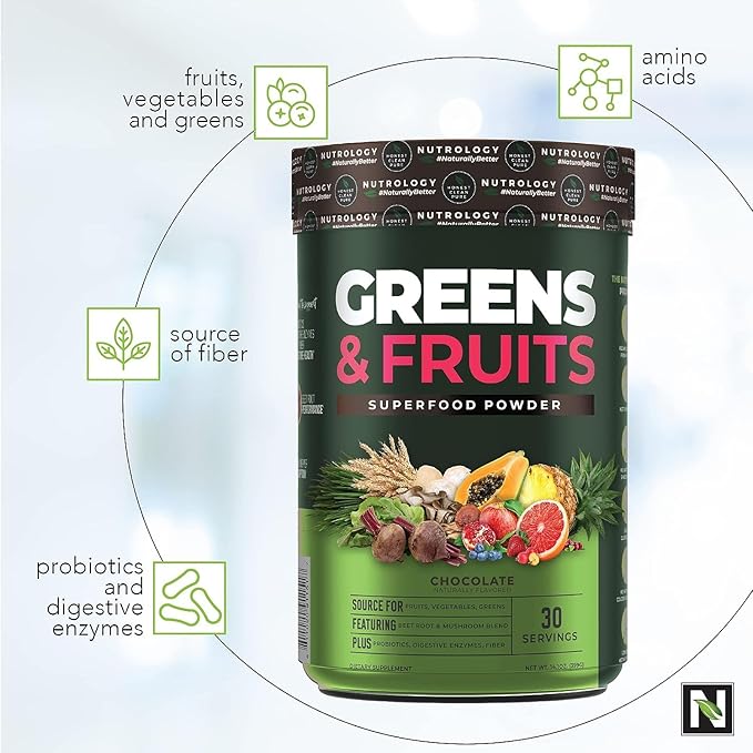 Nutrology Greens &amp Fruits Powder-Naturally Sourced Superfood Chocolate (30 Servings) BCAA Natural Plant Based BCAA Powder Orange Coconut Flavor (30 Servings)