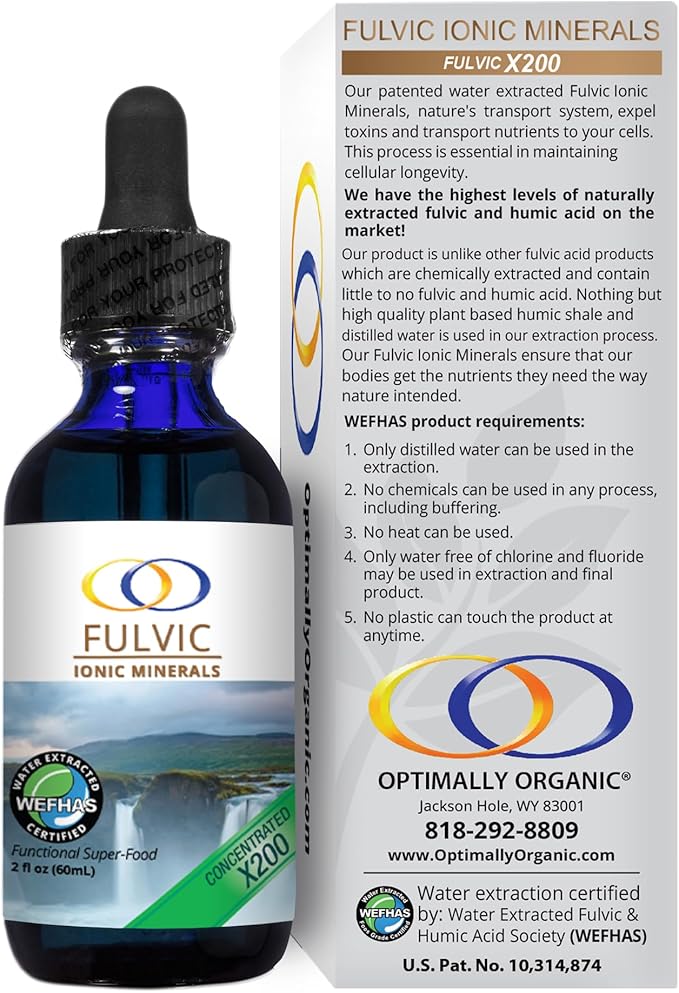 Optimally Organic Water Extracted Fulvic Ionic Minerals X200 - Patented BioActive Fulvic Acid Humic Acid Trace Minerals Electrolytes &amp Essential Amino Acids - 5+ Month Supply