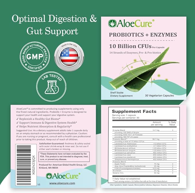 AloeCure Daily Probiotics 10 Billion CFU for Digestive Support 8 Strains 6 Prebiotics &amp Enzymes - Digestive Supplement with Bromelain for Women &amp Men - Gut Support Digestive Relief 30 Caps