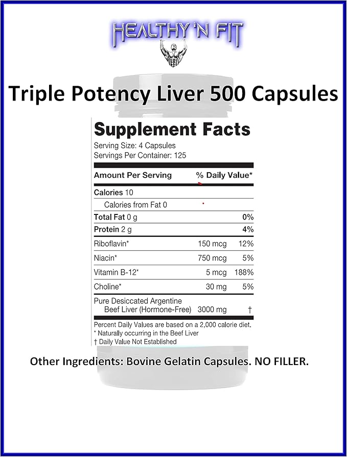 Healthy 'N Fit Triple Potency Liver (500 Capsule Mega-Value) - Pure Argentine Desiccated Beef Liver. Grass Fed Hormone Free Pasture Raised No Fillers.