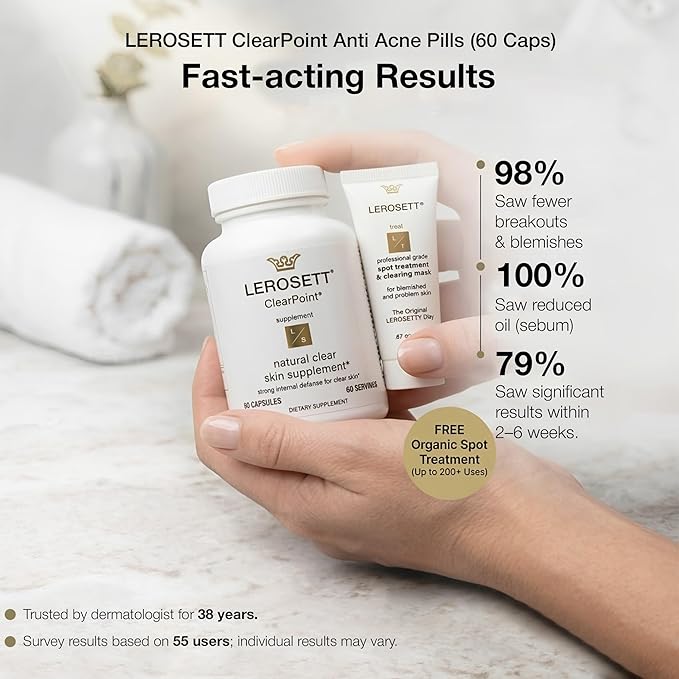 LEROSETT ClearPoint Anti Acne Pills Natural Supplements for Hormonal &amp Cystic Acne Treatment for Oily Skin &amp Breakouts. 60 Caps