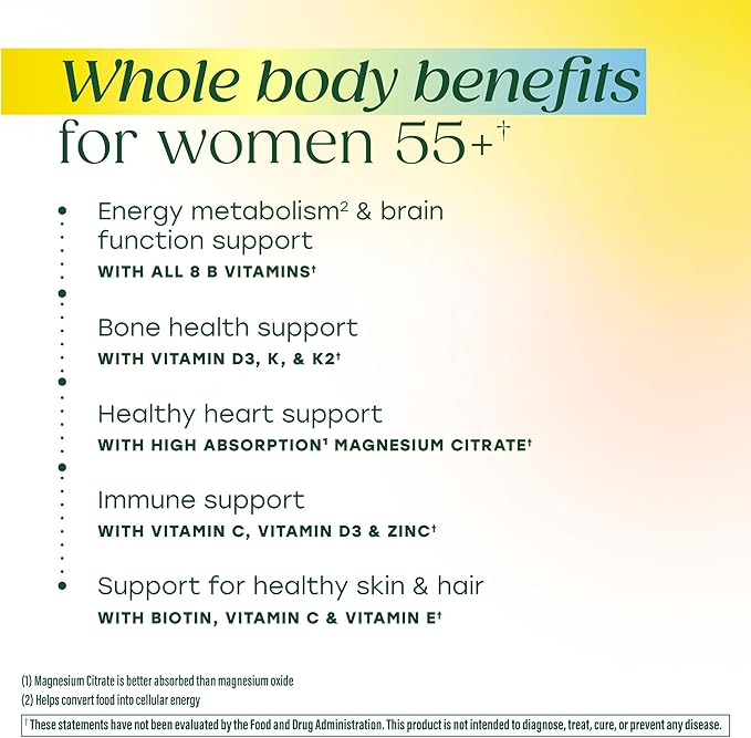 MegaFood Whole Body 55+ Womens Multivitamin - Multivitamin for Women - Vitamin D3 K2 Magnesium Citrate Biotin &amp Folate - Bone Health - Brain Heart &amp Immune Support - 90 Gummies 30 Servings