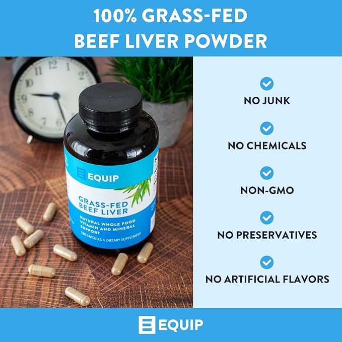 Equip Foods Grass-Fed Beef Liver | Natural Desiccated Beef Liver Supplement | Support Heart Health Brain Function Digestion Metabolism Immunity Detoxification | 180 Capsules 30 Servings