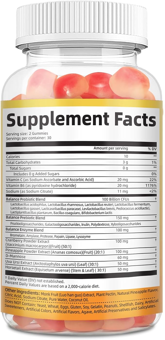 Premium Feminine Balance Gummies Women’s Health Probiotics - 100 Billion CFU Probiotics - Immune Support Gut Health Hormone Balance PH Balance Vitality Pineapple Flavor 60 Count