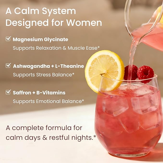 Calm Magnesium Powder Cortisol Supplement for Women Supports Sleep Stress Relief &amp Relaxation with Ashwagandha Saffron L Theanine Vitamin D3 No Sugar 30Ct Raspberry Lemonade