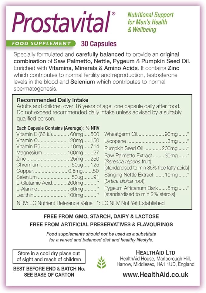 Health Aid Prostavital (Zinc Selenium Vit E Lycopene ++) - Blister Pack 30 Capsules