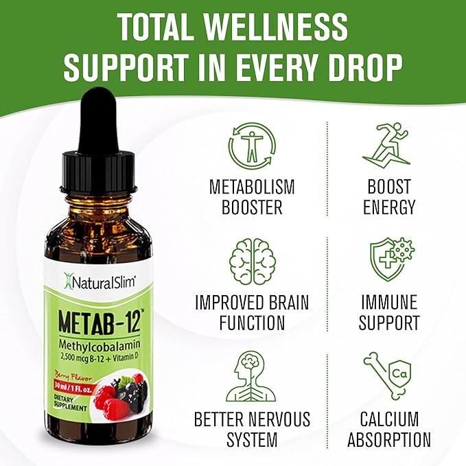 NaturalSlim Liquid B12 Vitamins with Vitamin D - Metab-12 Methylcobalamin 2500 mcg B12 Sublingual Drops for Metabolism Energy &amp Immune Support - Berry Flavor 1 fl oz