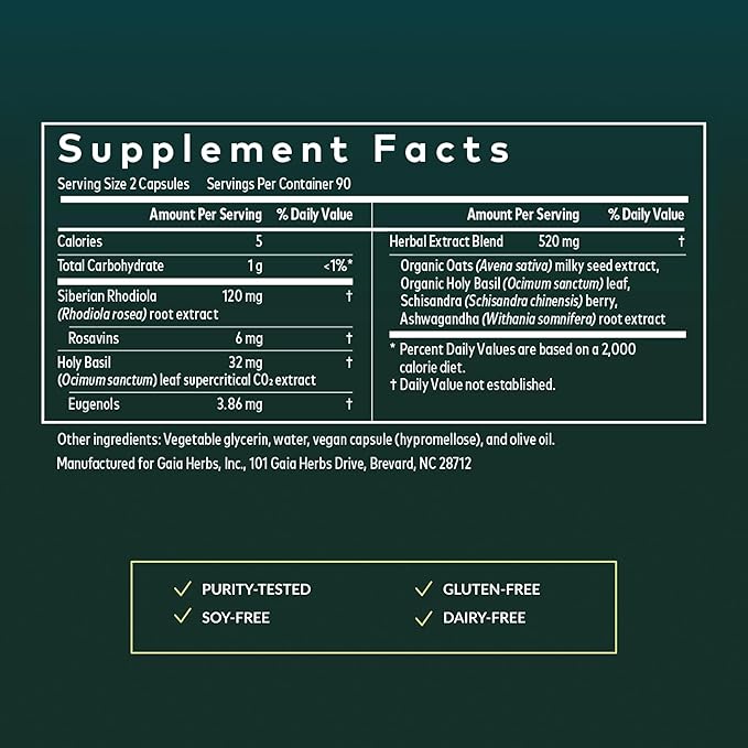 Gaia Herbs Adrenal Health Daily Support - Herbal Supplement with Ashwagandha Holy Basil &amp Schisandra - Help Maintain Healthy Energy &amp Stress Levels* - 180 Vegan Liquid Phyto-Caps (90 Servings