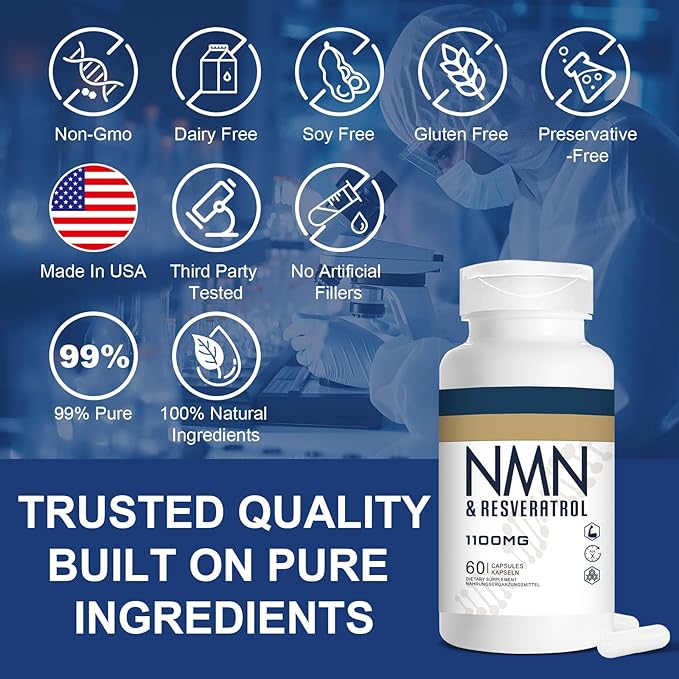 1100mg NMN &amp Trans-Resveratrol 3-in-1 Supplement 60 Veggie Capsules – Supports NAD+ Boost* Cellular Energy Immune Function Muscle Health &amp Anti-Aging 30-Day Supply