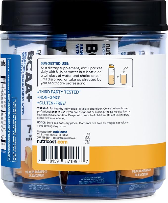 Nutricost BCAA+ Hydration Peach Mango Flavor (20 Stickpacks) - Branched Chain Amino Acids with Hydration Complex - Gluten-Free Non-GMO