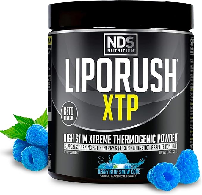 LIPORUSH NDS Nutrition XTP Thermogenic Fat Burner with L-Carnitine - Energy Focus and Appetite Control - Extreme Thermogenic Fat Burning Powder Weight Loss - Blue Berry Snow Cone (45 Servings)