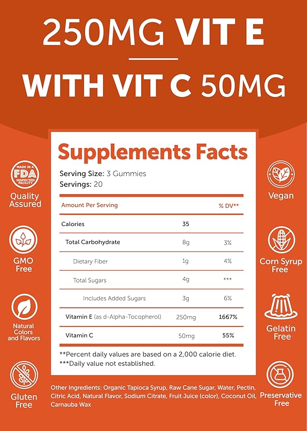 Lunakai USA Made Vitamin E Gummies 400IU with Vitamin C - Delicious Vegan Non-GMO Supplement for Daily Skin &amp Eye Support 60ct