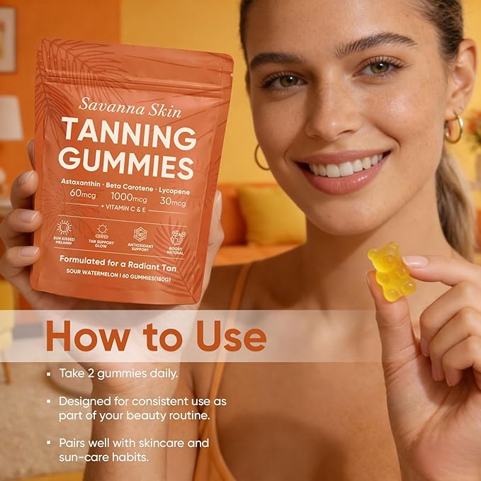 Savanna Skin Tanning Gummies Astaxanthin Beta Carotene &amp Lycopene Blend with Vitamins C &amp E Radiant Healthy Skin Sour Watermelon Flavor Vegan &amp Sugar-Free 60 Count