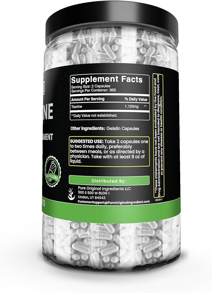 PURE ORIGINAL INGREDIENTS Taurine (730 Capsules) No Magnesium Or Rice Fillers Always Pure Lab Verified