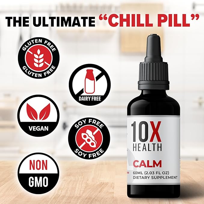10X Health Calm L Theanine Supplement Liquid Drops - 100mg L'Theanine Drops &amp 100mg GABA Supplements to Support Nerves Calm &amp Stress - Natural Flavor 2.03 Fl oz.