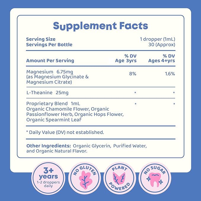 JoySpring Calmify Magnesium Glycinate for Kids | Liquid Magnesium with L-Theanine Supplement | Chamomile Extract &amp Passion Flower Extract | Sugar-Free Calm Drops | 1 fl oz (30 Servings)