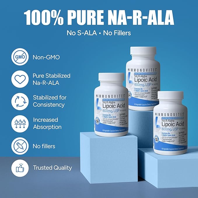 IMMUNOVITES 3-Pack Stabilized R-Alpha Lipoic Acid ((True)) 600mg per Serving [[High Potency &amp up to 40x Increased Absorption]] (Na R-ALA) (Na R-LA) (Na R-Lipoate) (3 Bottles)