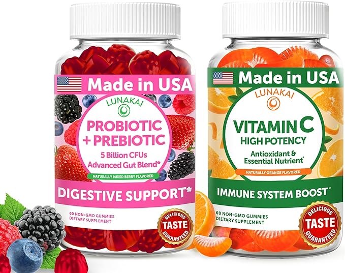 Lunakai USA Made Probiotic + Prebiotic &amp Vitamin C Gummies Bundle – Digestive Balance &amp Daily Antioxidant Support – 60 Non-GMO Gummies Each