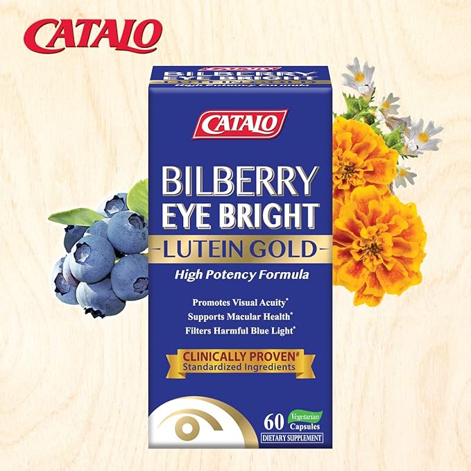 CATALO Bilberry Eyebright Extract Gold - for Fatigue &amp Blurry Vision - Eye Vitamins with Bilberry Lutein and Zeaxanthin Supplements for Eye Clarity -Halal - 60 Capsules