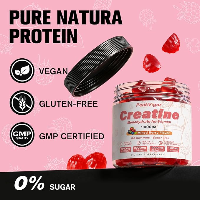 12 IN 1 Creatine Monohydrate Gummies Complex 9000mg for Women and MenCreatine Gummies for Women with L-CarnitineTaurineCollagenVitamin C&amp B12Sugar Free &amp Vegan120 GummyMixed Berry Flavo
