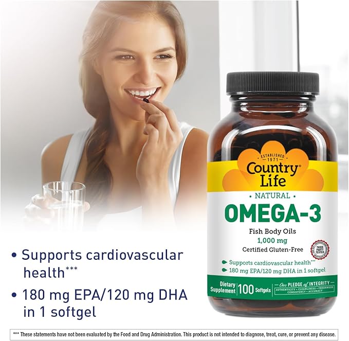 Country Life Omega-3 Fish Oil Supplement 1000mg 180mg EPA &amp 120mg DHA Fish Oil Concentrate Burpless 100 Softgels Certified Gluten Free