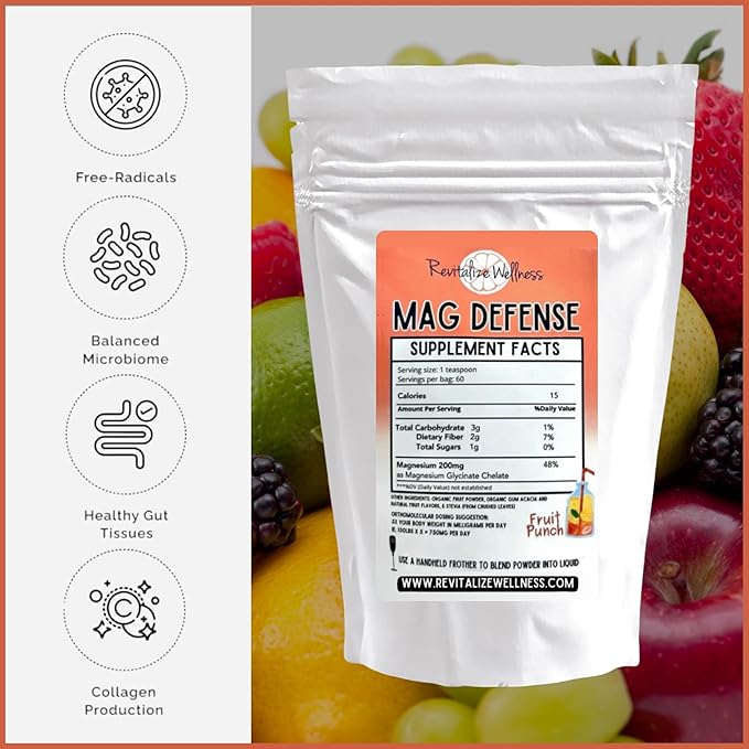 Mag Defense Powder | Orthomolecular Dose of Magnesium 200 mg as Magnesium Glycinate Chelate | Pure Corn Free &amp GMO-Free | Fruit Punch Flavor | 60 Servings