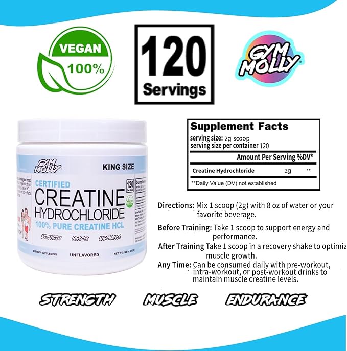 Gym Molly Creatine Hydrochloride (HCL) Powder Highly Soluble Creatine Hydrochloride Unflavored Vegan Workout Supplement for Men and Women Muscle Builder Creatine Supplement (King Size)
