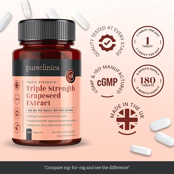 pureclinica Grape Seed Extract 300mg x 180 Tablets - 90% Oligomeric Proanthocyanidins. 300% Stronger Than Regular Grape Seed.