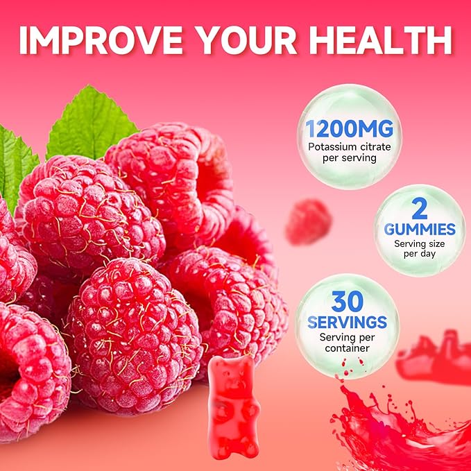 2 Pack Potassium Citrate Gummies High Potassium Supplement 1200mg Support Leg Cramps &amp Muscle Health Potassium Gummies for Adults &amp Kids Vegan Raspberry Flavor 120 Count