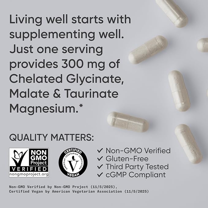 Sports Research® Chelated Triple Magnesium Complex with Glycinate Taurinate &amp Malate (Chelamax®) for Enhanced Bioavailability* - 300 mg per Serving Non-GMO Certified Vegan 120 Veggie Capsules