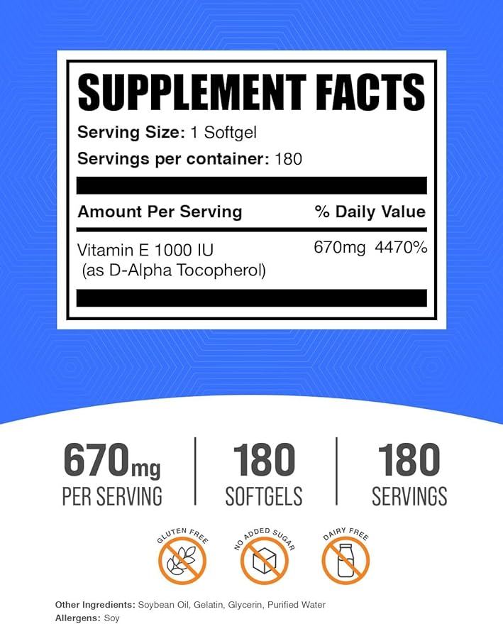 BulkSupplements.com Vitamin E 1000 IU Softgels - Vitamin E Supplement Essential Antioxidant Support - Gluten Free 1 Softgel per Serving 180 Count (Pack of 1)