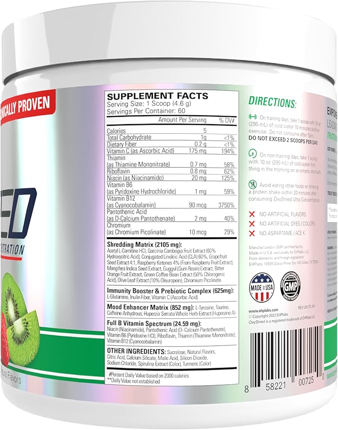 EHP Labs OxyShred Pre Workout Powder - Preworkout Powder with L Glutamine &amp Acetyl L Carnitine Energy Boost Drink - Kiwi Strawberry 60 Servings