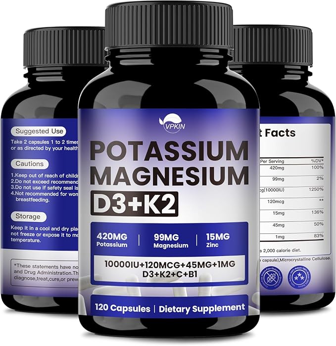 VPKIN Potassium Magnesium Zinc &amp D3 K2 SupplementSupport ImmuneEnergy for Men&ampWomenMaxmium AbsorptionVeganNon-GMO120 Capsules (Pack of 1)