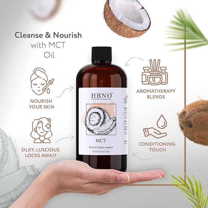 HBNO Organic MCT Oil 16 oz (475ml) Value Size - Ideal for Salad dressings Lip balms Face wash Lotions Skincare and hair care products.