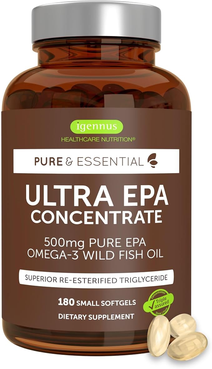 Igennus Ultra Pure Omega-3 EPA 500mg Highly Concentrated IFOS Certified Wild Fish Oil Advanced rTG Triglyceride Form Non-GMO 180 Small Softgels