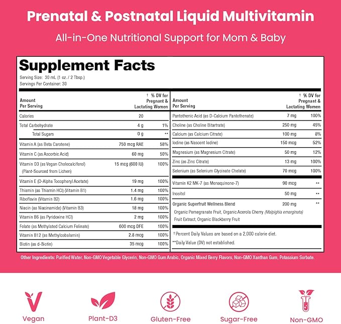 Mother's Promise Prenatal &amp Postnatal Multivitamin for Women | Sugar Free Liquid Prenatal Vitamins for Women with Folate Choline &amp Organic Fruits for Preconception Pregnancy &amp Nursing |