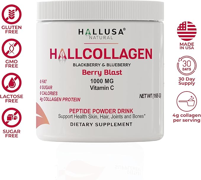 Hallusa Natural Hydrolyzed Collagen Powder (Type I III) 4000mg + 1000mg Vitamin C 5.82 oz (30 Servings) Healthy Hair Skin Nails Bone &amp Joint Support BlackBerry &amp Blueberry Flavor