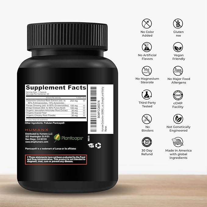 Humanx Cistanche+ 550MG (Cistanche Tubulosa Extract Powder for Men) USA Made - Easy to Swallow Capsules - Powerful Supplement to Support Athletic Performance Strength &amp Vitality