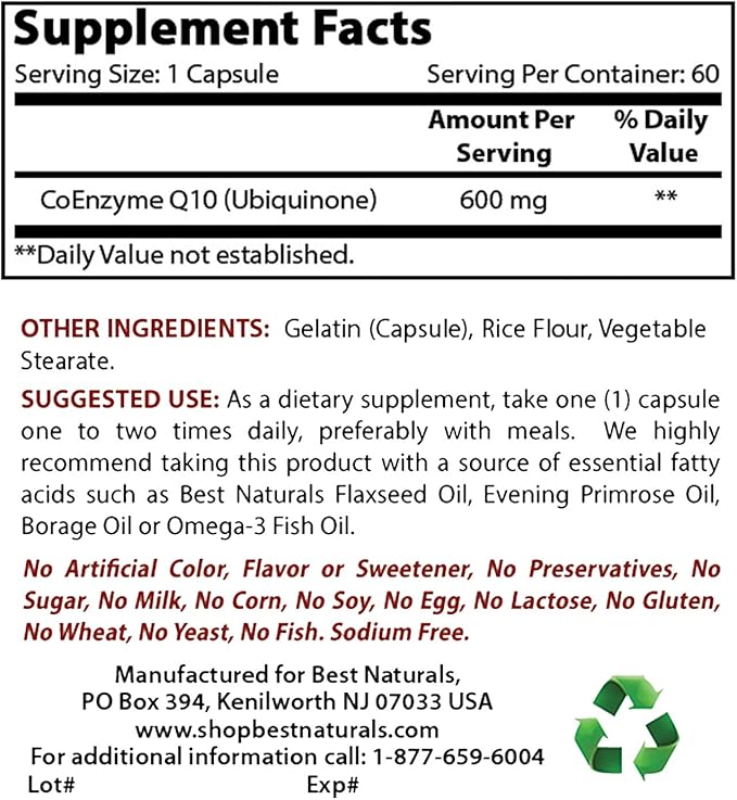 Best Naturals Acetyl L-Carnitine and Alpha Lipoic Acid 750 mg &amp CoQ10 600 mg